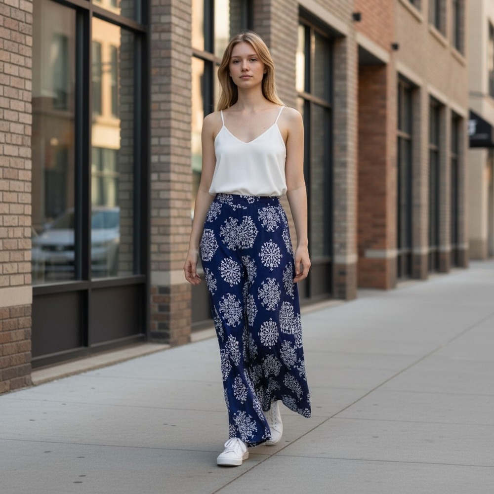 Robert Louis Womens Navy Blue White Medallion Wide Leg Pants PS Petite Small